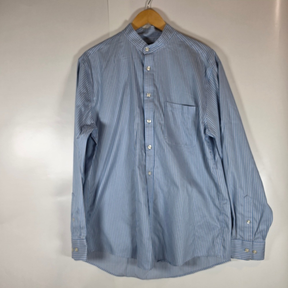 Pronto Uomo Mens Blue White Striped Band Collar Non-Iron Dress Shirt 16.5 34/35